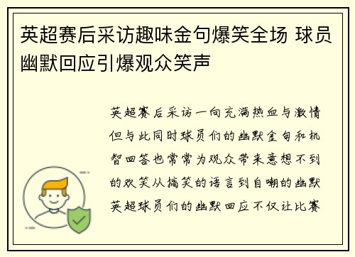 英超赛后采访趣味金句爆笑全场 球员幽默回应引爆观众笑声 英超赛后采访趣味金句爆笑全场 球员幽默回应引爆观众笑声