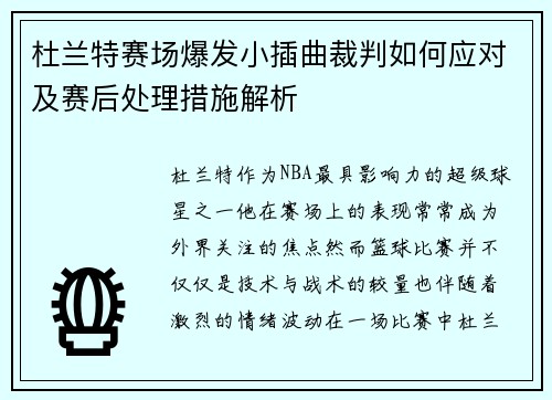 杜兰特赛场爆发小插曲裁判如何应对及赛后处理措施解析